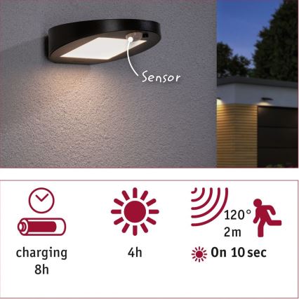 Paulmann 94246 - LED/1,2W IP44 Spoljašnja solarna lampa sa senzorom RYSE 3,7V 1800 mAh