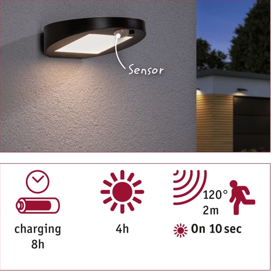 Paulmann 94246 - LED/1,2W IP44 Spoljašnja solarna lampa sa senzorom RYSE 3,7V 1800 mAh