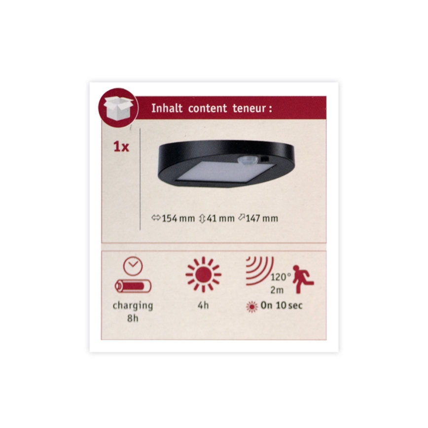 Paulmann 94246 - LED/1,2W IP44 Spoljašnja solarna lampa sa senzorom RYSE 3,7V 1800 mAh
