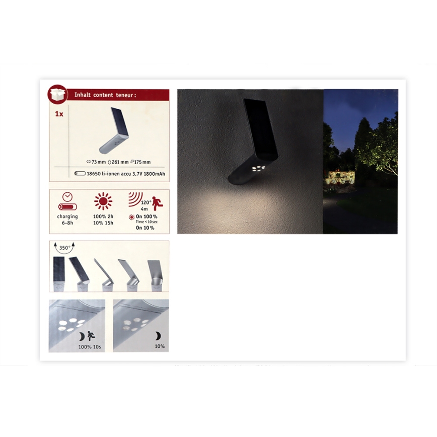 Paulmann 94261 - LED/1,2W IP44 Solarna zidna lampa sa senzorom ILIAS 3,7V 1800 mAh