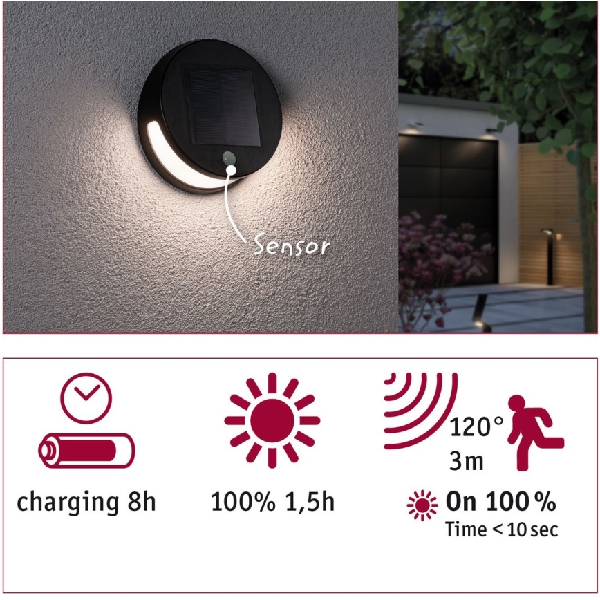 Paulmann 94265 - LED/3W IP44 Spoljašnja solarna lampa sa senzorom HELENA 3,7V 1800 mAh