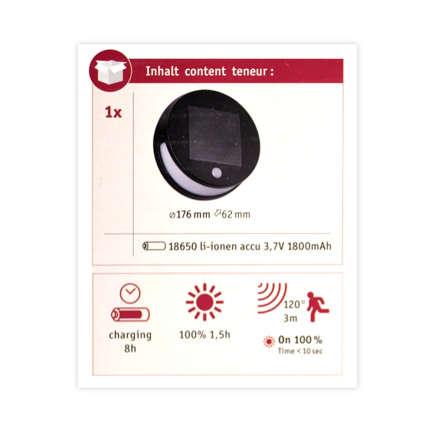 Paulmann 94265 - LED/3W IP44 Spoljašnja solarna lampa sa senzorom HELENA 3,7V 1800 mAh