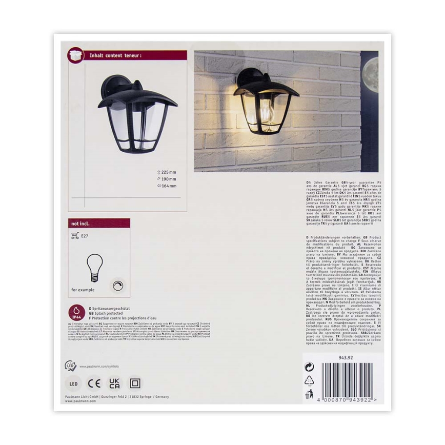 Paulmann 94392 - 1xE27/12W IP44 Spoljašnja zidna lampa CLASSIC 230V
