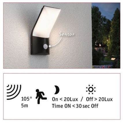 Paulmann 94402 - LED/10W IP44 Spoljašnja zidna lampa sa senzorom ADYA 230V