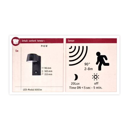 Paulmann 94453 - LED/6W IP44 Spoljašnje zidno svetlo sa senzorom CAPEA 230V