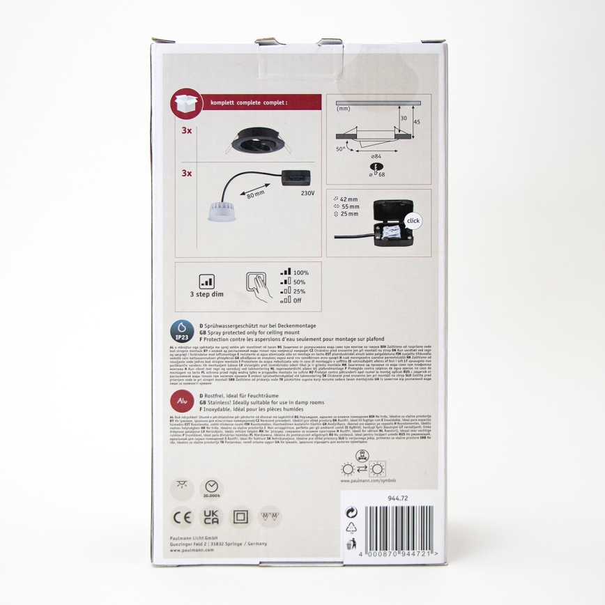 Paulmann 94472 - Komplet 3xLED/6W IP23 prigušiva ugradna svetiljka za kupatilo NOVA 230V