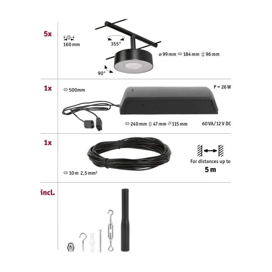Paulmann 94479 - Set 5xLED/5W Reflektorska lampa za šinski sastav CIRCLE 230V crno