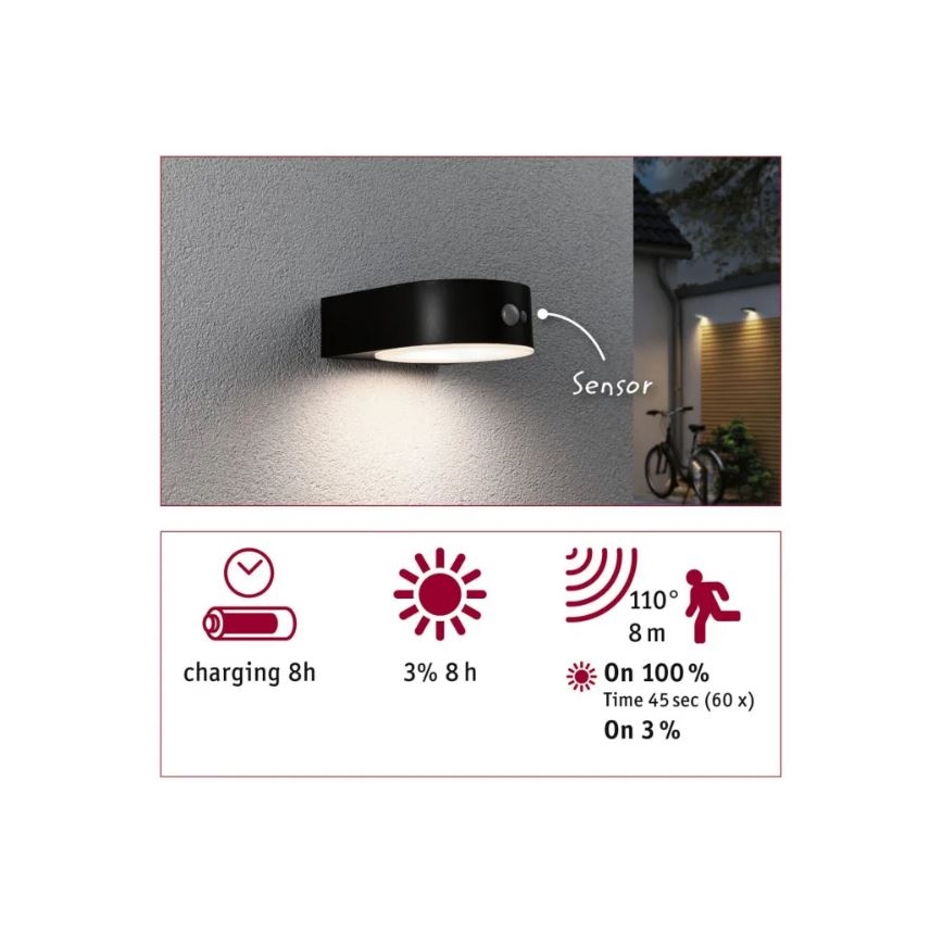 Paulmann 94570 - LED/5,5W IP44 Solarna zidna lampa sa senzorom EILEEN 3,7V 2000 mAh