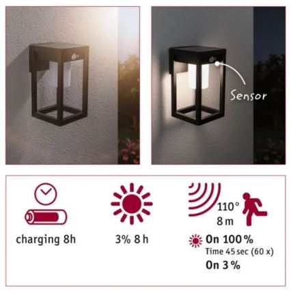 Paulmann 94572 -LED/5,5W IP44 Solarna zidna lampa sa senzorom MARISOL 3,7V 2000 mAh