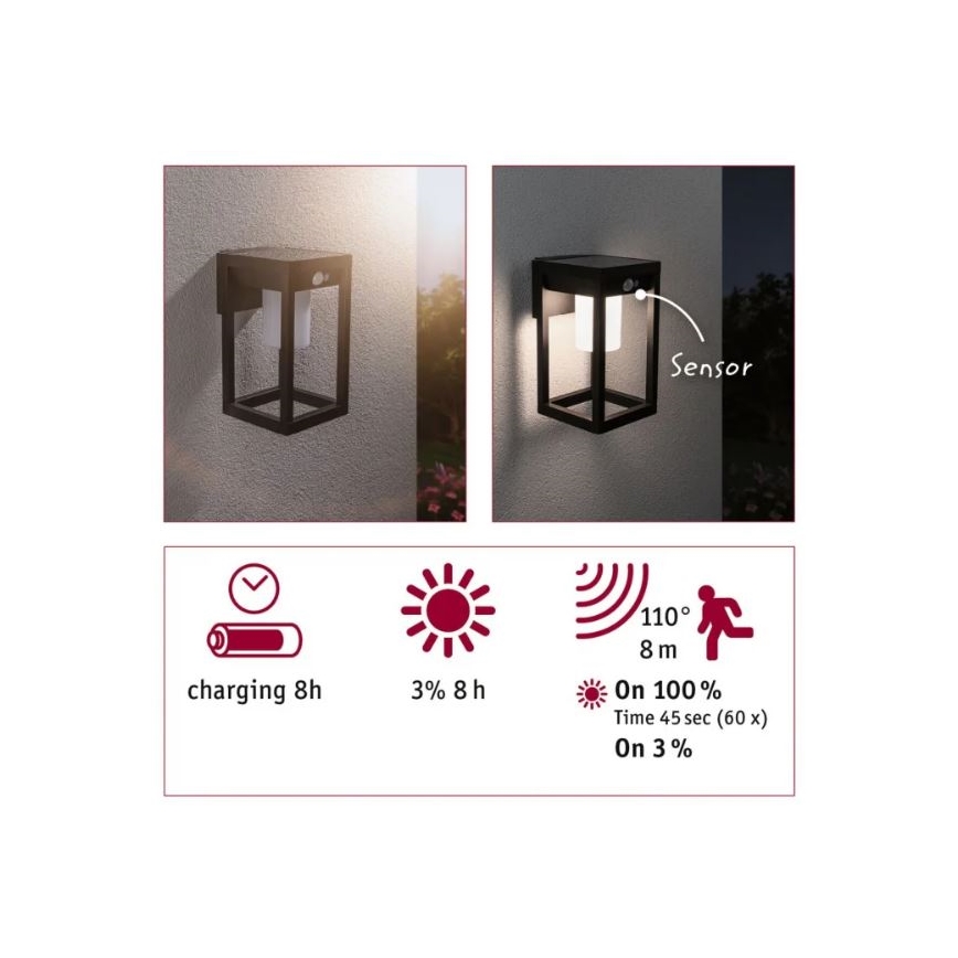 Paulmann 94572 -LED/5,5W IP44 Solarna zidna lampa sa senzorom MARISOL 3,7V 2000 mAh