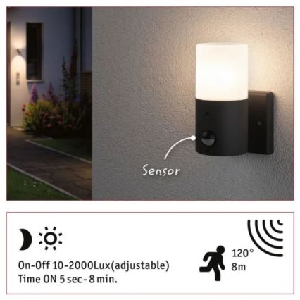 Paulmann 94648 - 1xE27/15W IP44 Spoljašnja zidna lampa sa senzorom TUBS 230V