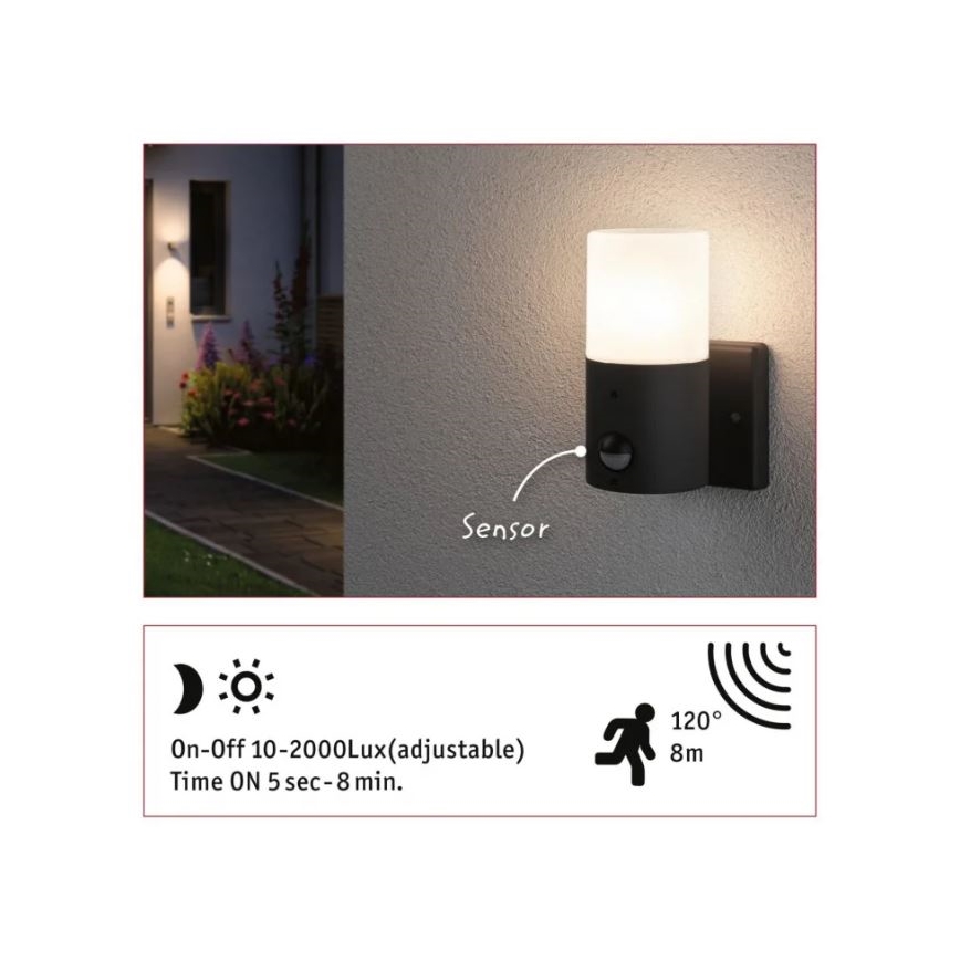 Paulmann 94648 - 1xE27/15W IP44 Spoljašnja zidna lampa sa senzorom TUBS 230V