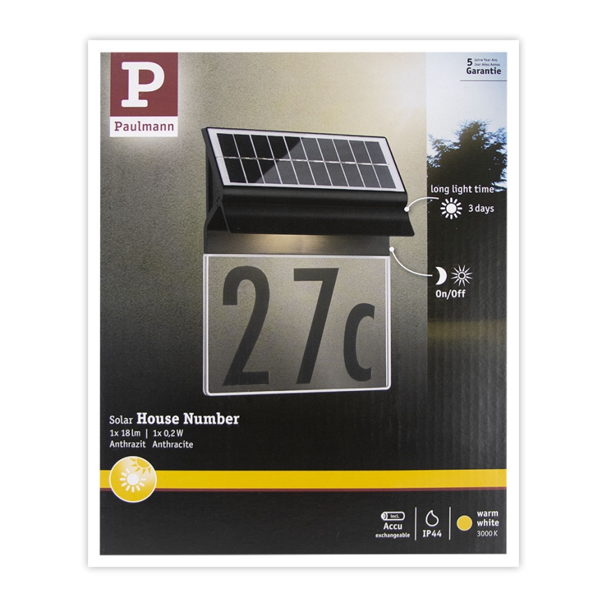 Paulmann 94694 - LED/0,2W IP44 Solarni kućni broj NEDA 3,7V 1800 mAh
