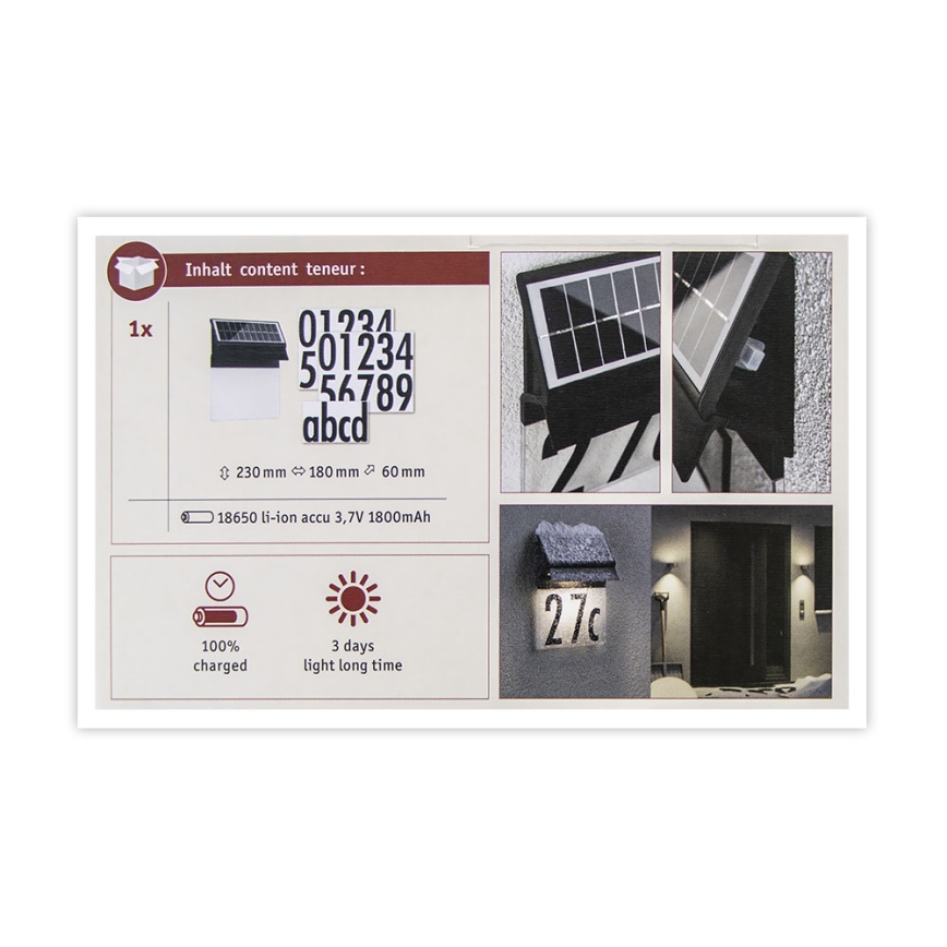 Paulmann 94694 - LED/0,2W IP44 Solarni kućni broj NEDA 3,7V 1800 mAh