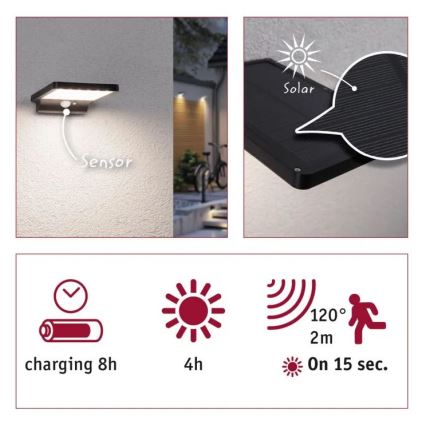 Paulmann 95393 - LED/4W IP44 Prigušiva solarna zidna lampa sa senzorom SOLVEIG 3,7V 2000 mAh