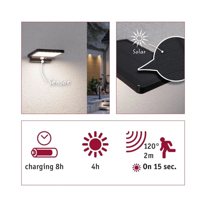 Paulmann 95393 - LED/4W IP44 Prigušiva solarna zidna lampa sa senzorom SOLVEIG 3,7V 2000 mAh