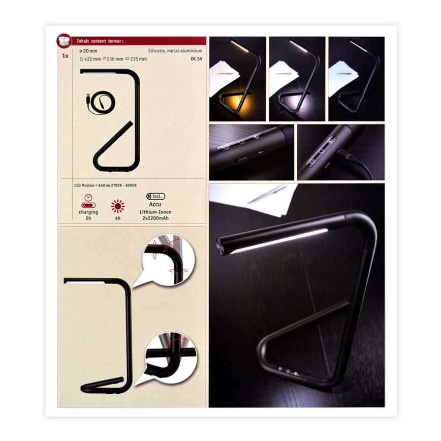 Paulmann 95424 - LED/4,5W prigušiva stona lampa na dodir FLEXLINK 5V/USB 4400 mAh crna