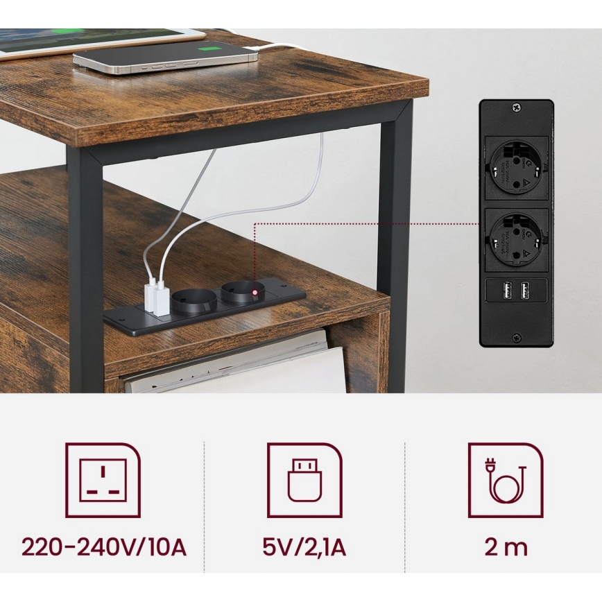 Pomoćni stolić sa ugrađenim utičnicama i USB priključcima ROD braon/crna