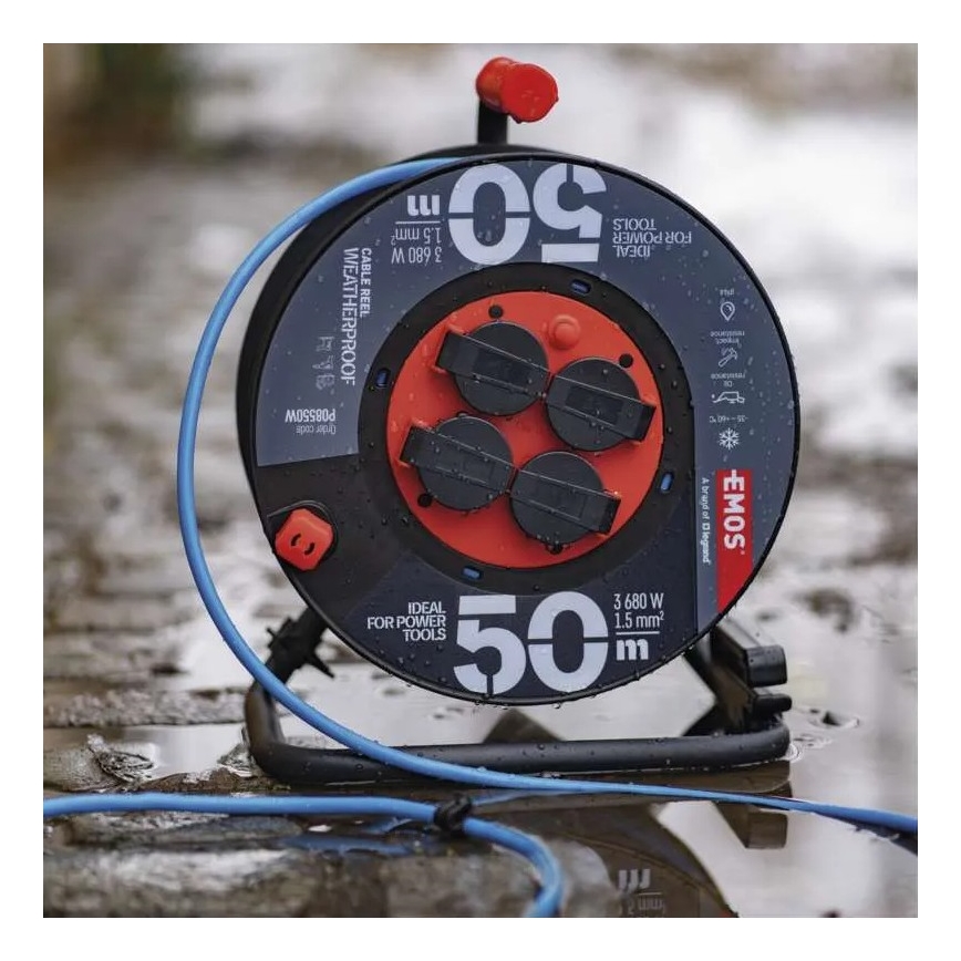 Produžni kabl na bubnju: 50 m silikonski, 4 utičnice, IP44