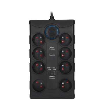 Produžni kabl sa prekidačem i zaštitom od prenapona 8Z Tip E + 1xUSB-A + 1xUSB-C 2m crni