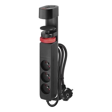 Produžni kabl sa stezaljkom za sto, 3 utičnice + 3x USB, 1,5m, crni