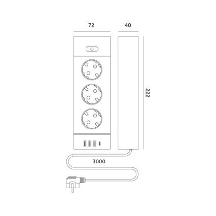 Razdelnik utičnica sa prekidačem LINEA PRO 3x230V + 3xUSB-A + 1xUSB-C SCHUKO 3 m crna