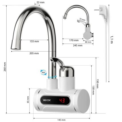 Protočni grejač vode sa LED displejem 3000W/230V IPX4, bela
