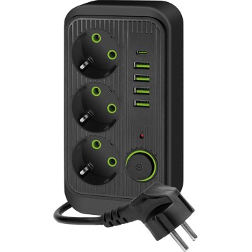 Razdelnik utičnica sa prekidačem LINEA 3x230V + 5xUSB A/C 1,5 m SCHUKO crna