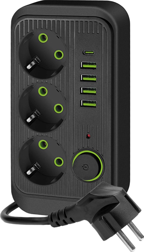 Razdelnik utičnica sa prekidačem LINEA 3x230V + 5xUSB A/C 1,5 m SCHUKO crna