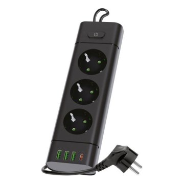 Razdelnik utičnica sa prekidačem LINEA PRO 3x230V + 3xUSB-A + 1xUSB-C SCHUKO 3 m crna