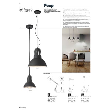 Redo 01-1279 - Luster na sajli PEEP, 1xE27/42W/230V, prečnik 16,5 cm, crni