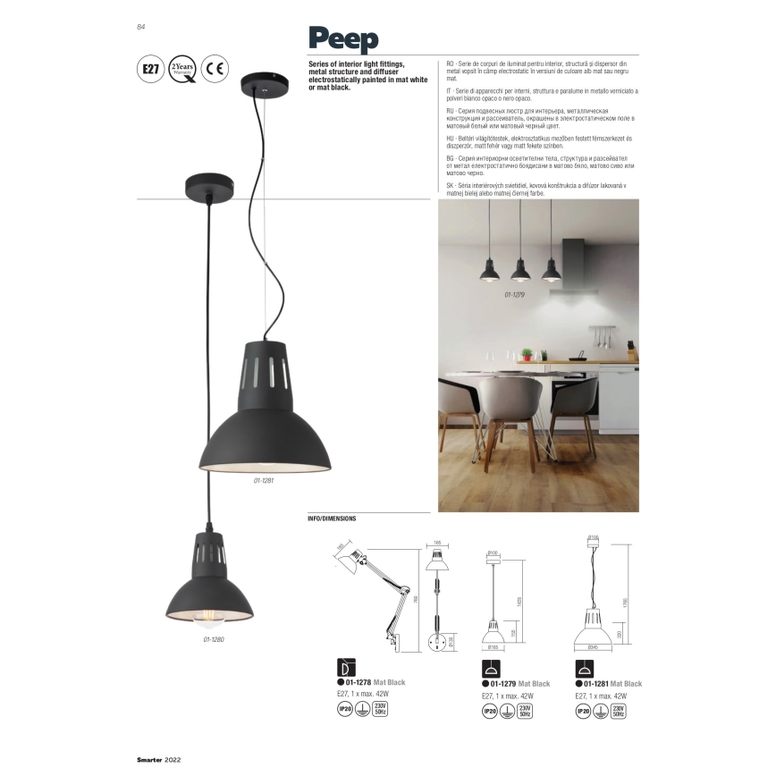 Redo 01-1279 - Luster na sajli PEEP, 1xE27/42W/230V, prečnik 16,5 cm, crni