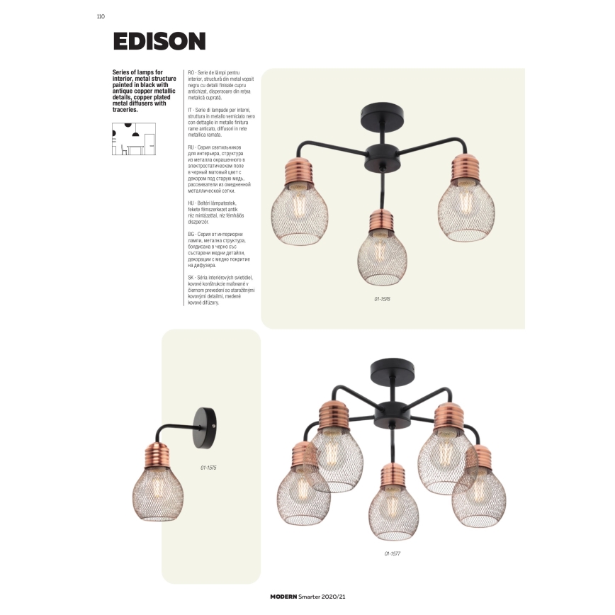 Redo 01-1577 - Luster na šipci EDISON 5xE27/42W/230V, prečnik 53 cm, crna/bakrena