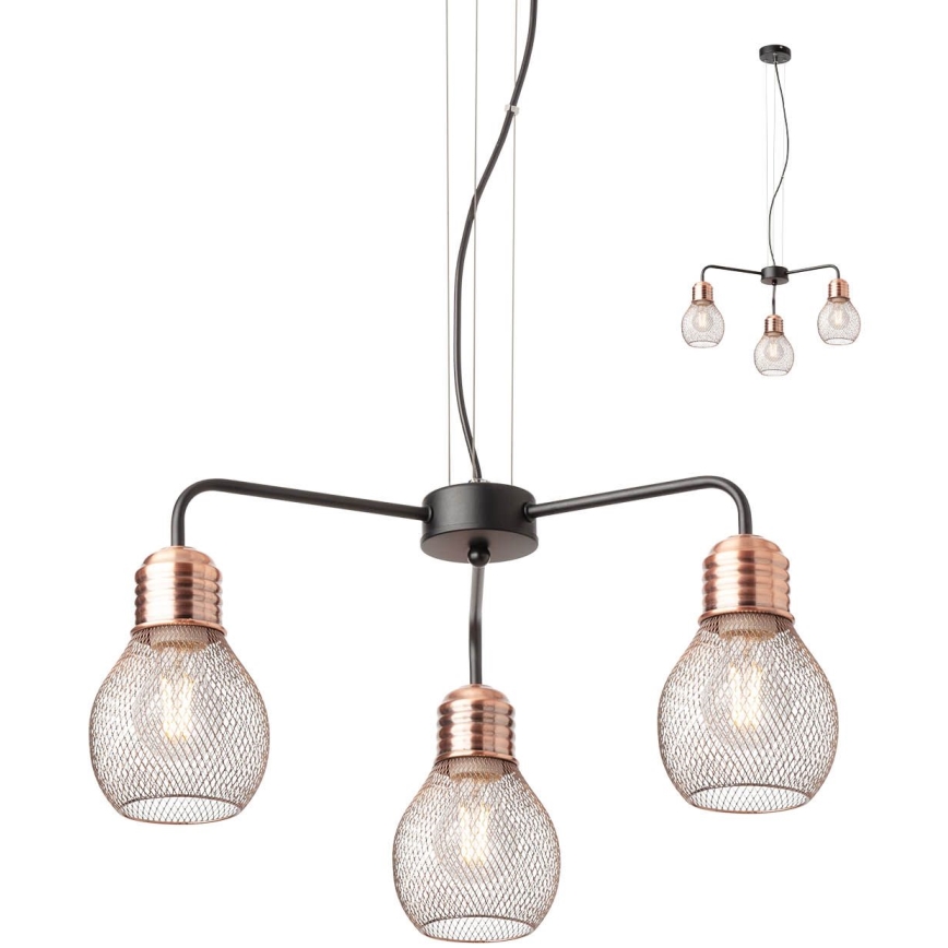 Redo 01-1579 - Luster na sajli EDISON 3xE27/42W/230V prečnik 53 cm crna/bakrena