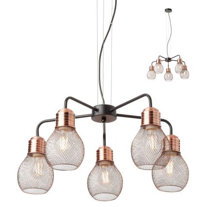 Redo 01-1580 - Luster na sajli EDISON 5xE27/42W/230V prečnik 53 cm crna/bakrena