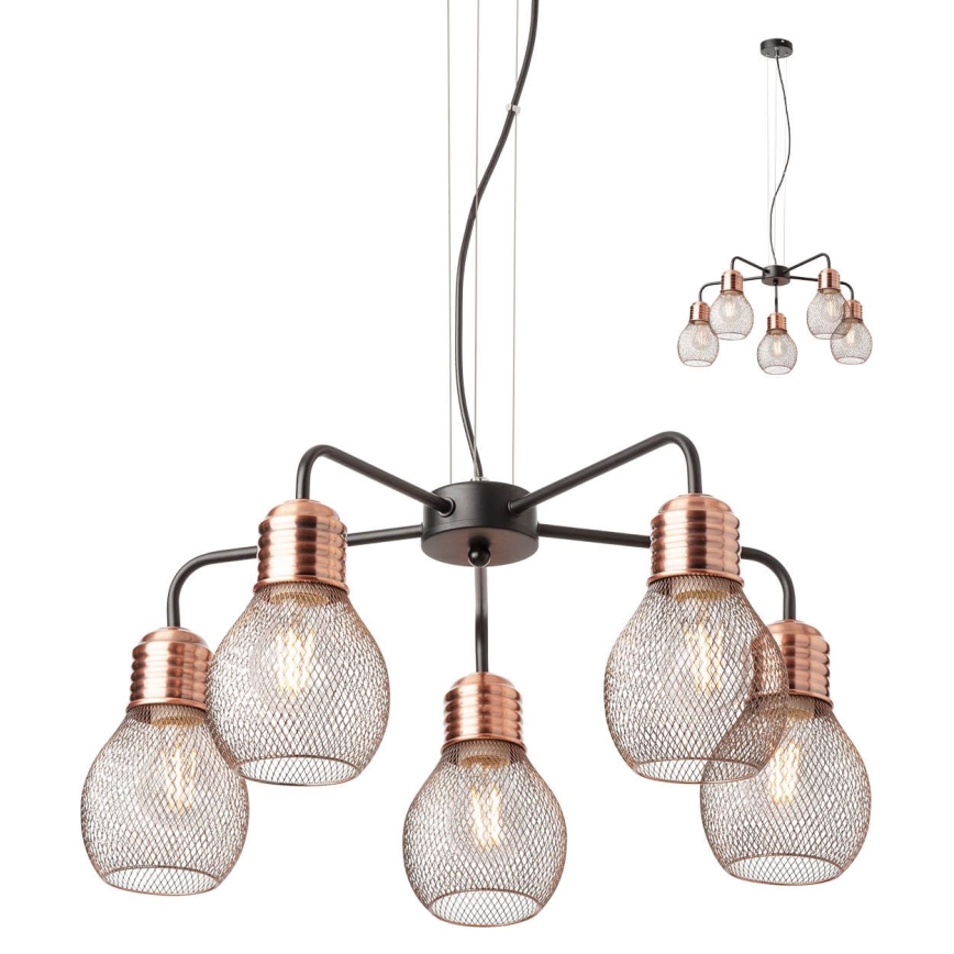 Redo 01-1580 - Luster na sajli EDISON 5xE27/42W/230V prečnik 53 cm crna/bakrena