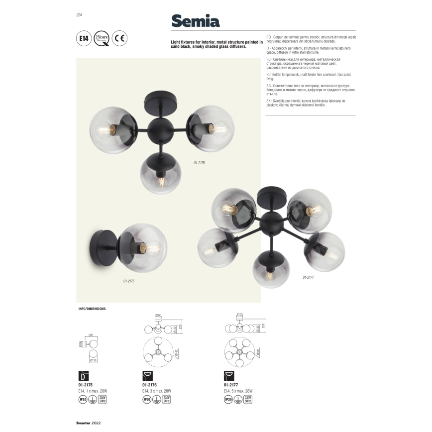 Redo 01-2176 - Luster na šipci SEMIA 3xE14/28W/230V crna/dimljena