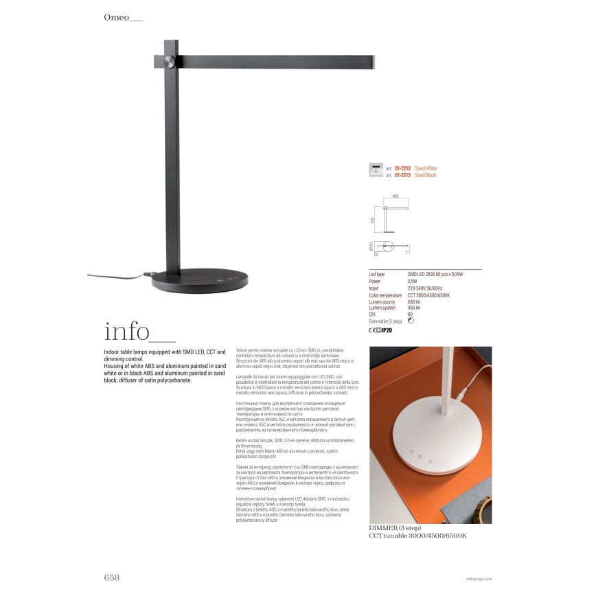 Redo 01-2212 - LED prigušiva stona lampa OMEO sa dodirom LED/5,5W/230V 3000/4500/6500K bela