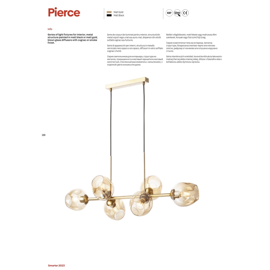 Redo 01-2619 - luster na sajli PIERCE 6xE27/42W/230V zlatni/dimljeni