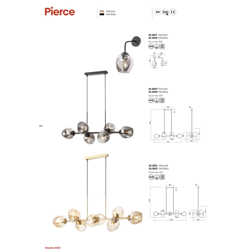Redo 01-2619 - luster na sajli PIERCE 6xE27/42W/230V zlatni/dimljeni
