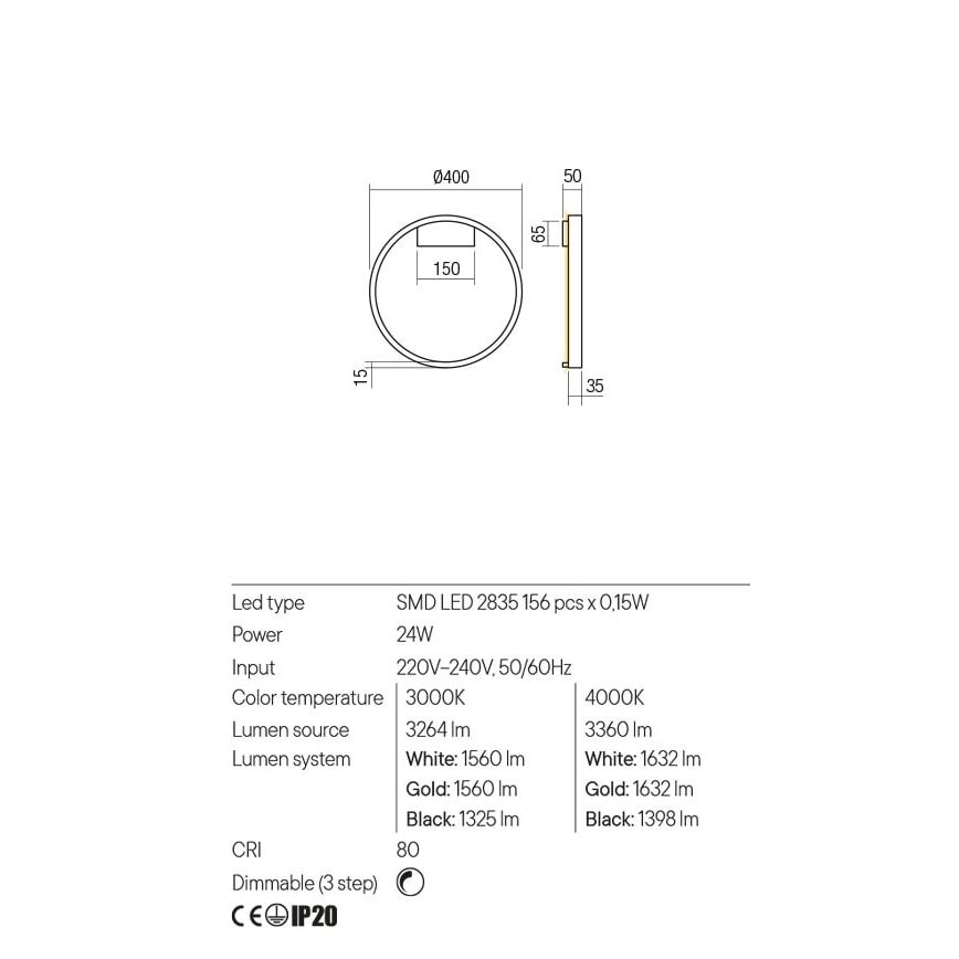Redo 01-2817 - LED prigušiva zidna lampa FEBE LED/24W/230V zlatna