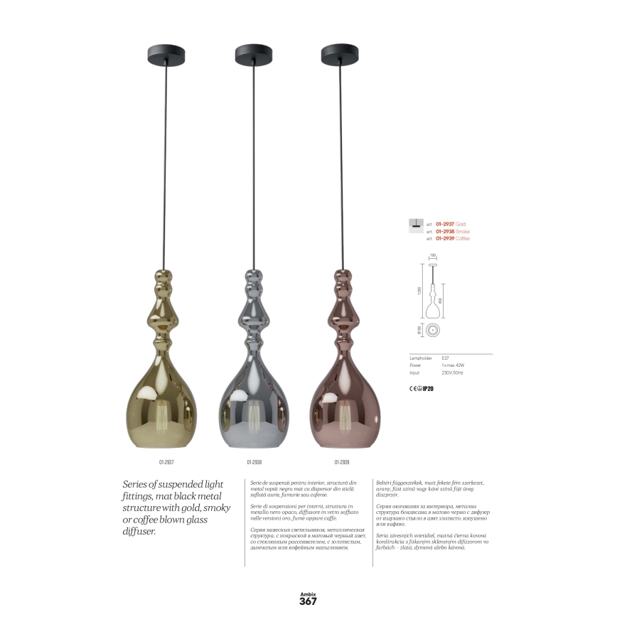 Redo 01-2939 - Luster na sajli AMBIX 1xE27/42W/230V, prečnik 18 cm, u boji bakra