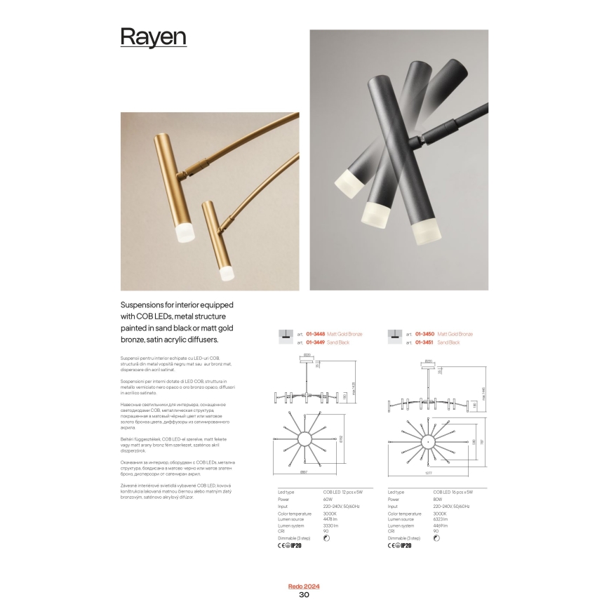 Redo 01-3448 - LED luster na šipci RAYEN LED/60W/230V CRI 90 (prigušiva) u zlatnoj boji