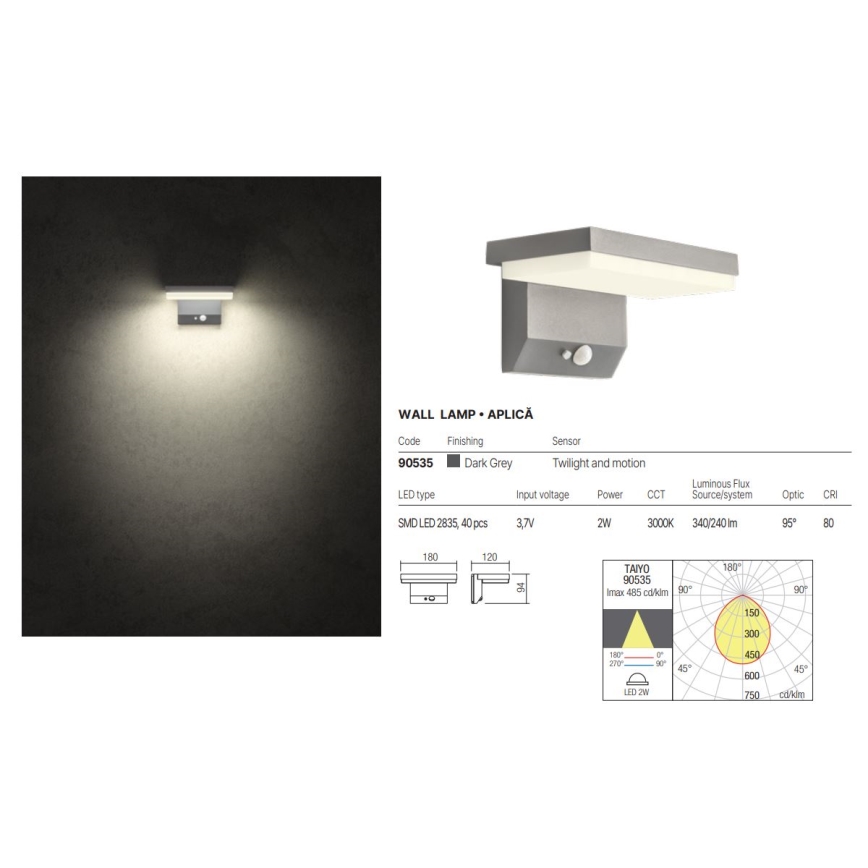 Redo 90535 - Solarno zidno LED svetlo sa senzorom TAIYO LED/2W/3,7V 3000K 2200 mAh IP54 antracit