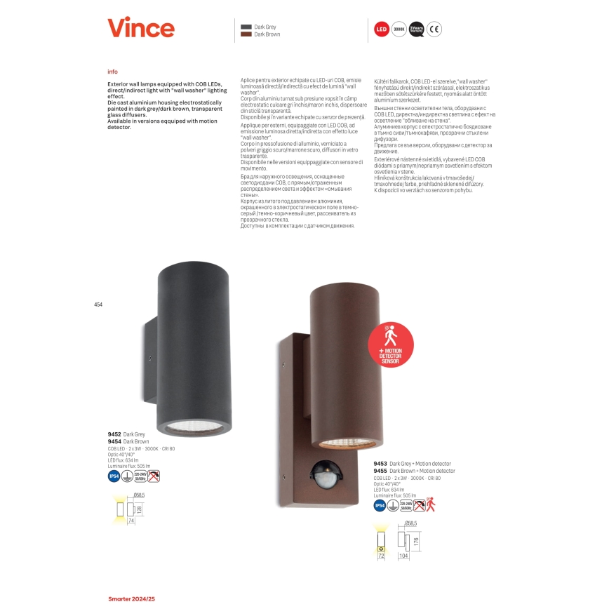 Redo 9455 - LED spoljašnje zidno svetlo sa senzorom VINCE 2xLED/3W/230V IP54 braon