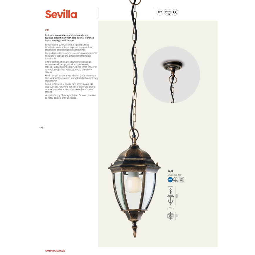 Redo 9607 - Spoljašnji luster na lancu SEVILLA 1xE27/42W/230V IP44 zlatna/patina