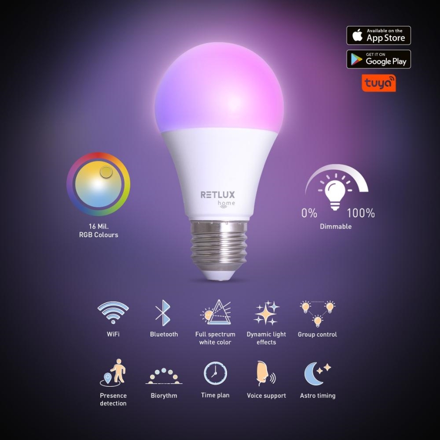 LED RGBW prigušiva sijalica A60 E27/9W/230V 2700-6500K Wi-Fi Tuya