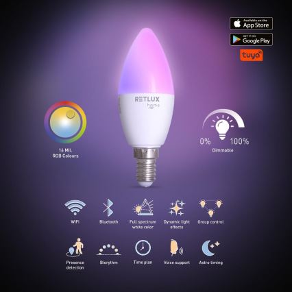 LED RGBW prigušiva sijalica C37 E14/4,5W/230V 2700-6500K Wi-Fi Tuya