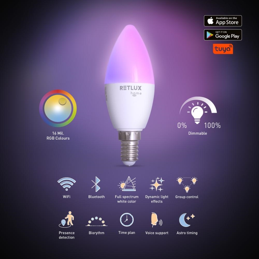 LED RGBW prigušiva sijalica C37 E14/4,5W/230V 2700-6500K Wi-Fi Tuya