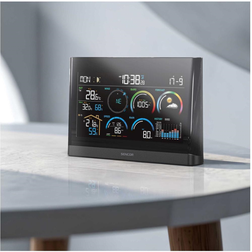 Sencor - Profesionalna vremenska stanica sa LCD ekranom u boji i budilnikom 5V/3xAAA + 3xAA